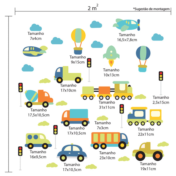 Carrinhos com adesivo de parede para quarto infantil