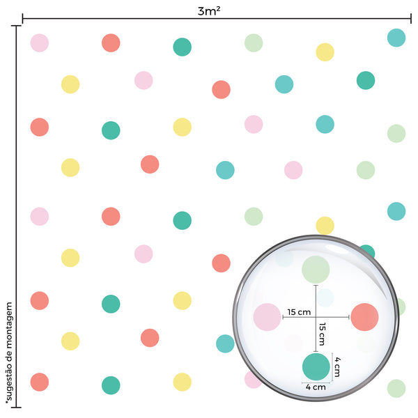Adesivo Infantil Círculos Coloridos Tons Pastel 144un