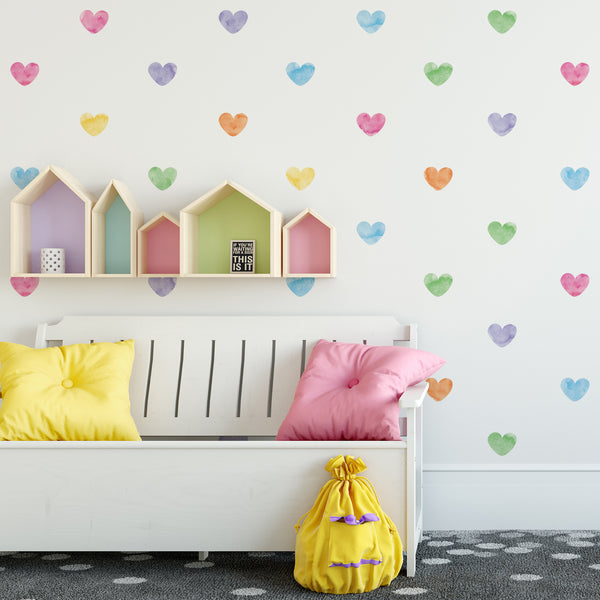 Coloured Watercolour Hearts Wall Sticker 55 un Covers 5m²