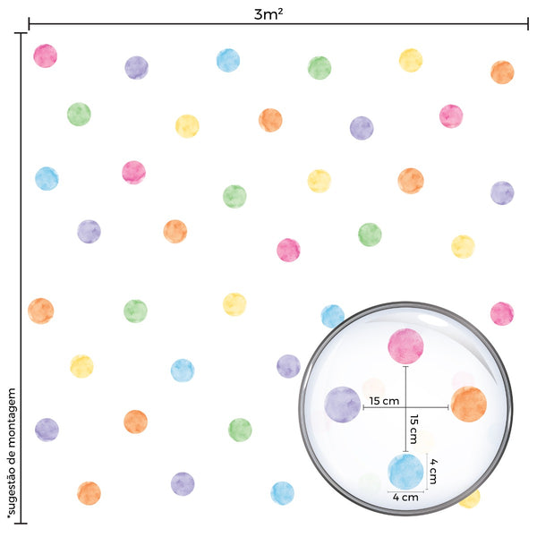 Adesivo Parede Círculos Aquarela Coloridos 4cm 144un