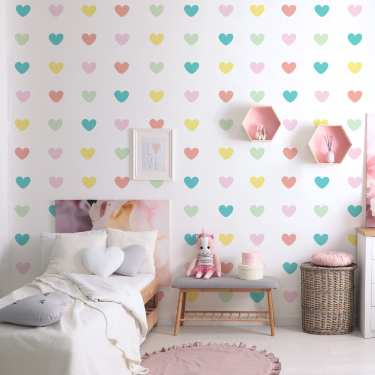 Adesivo de Parede Infantil Corações Coloridos Tons Pastel 55un