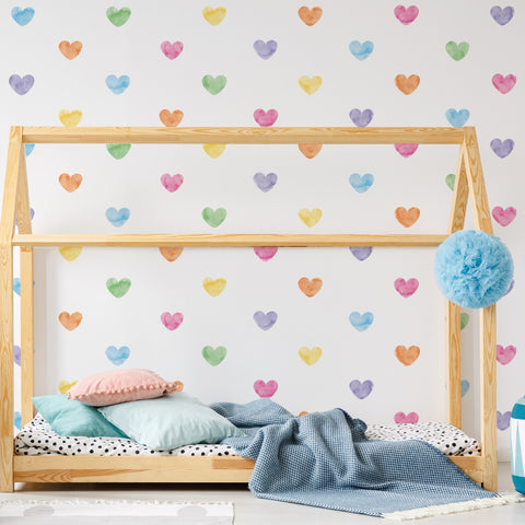 Coloured Watercolour Hearts Wall Sticker 55 un Covers 5m²