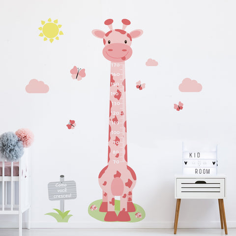 Children's Wall Sticker Ruler Pink Giraffe and Butterflies