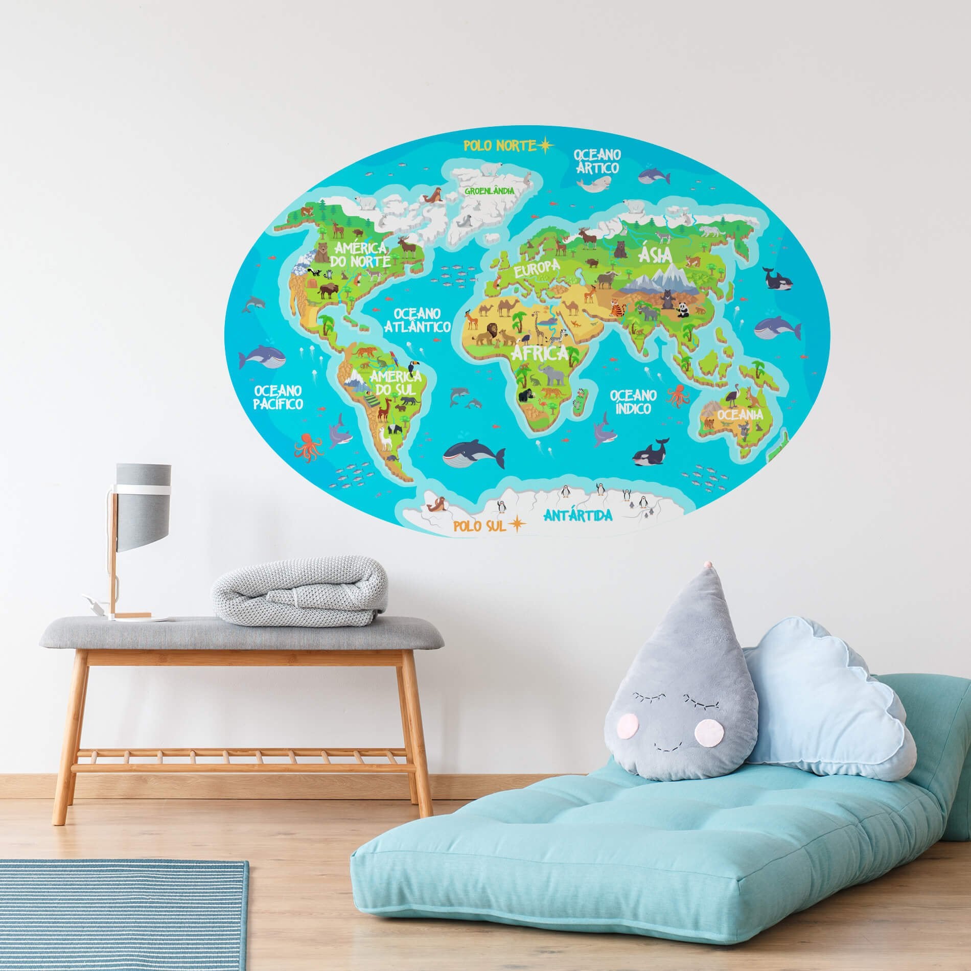 Adesivo mapa mundi infantil para quarto 106x72cm