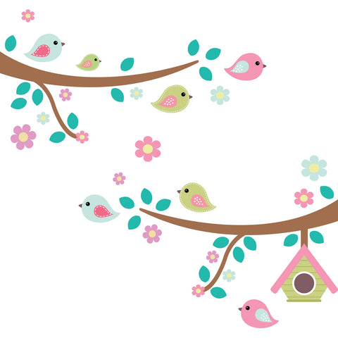 Twig Wall Sticker with Birds and Flowers (2 twigs 80cm each)