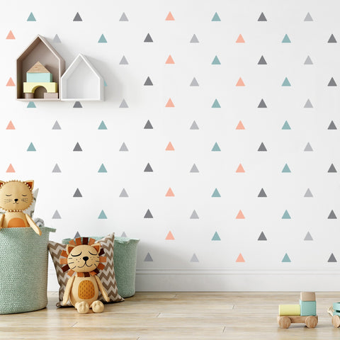 Wall Sticker Triangles Grey, Coral and Green - 121 pcs